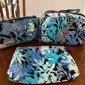 Set of 3 Vera Bradley Blue Floral Quilted Cosmetic Bags